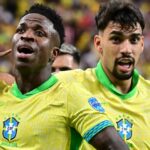 Vini Jr e Lucas Paquetá comemoram gol da Seleção Brasileira. Foto: Twitter Conmebol